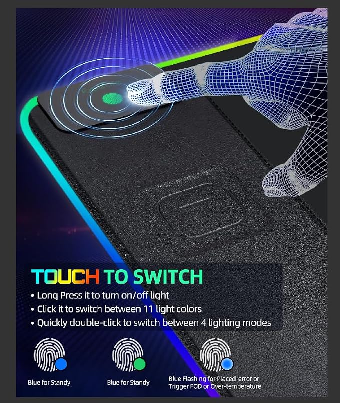 Upgraded Mouse Pad with Wireless Charging, RGB Gaming Desk Mat, 31.5"x15.7" Large XXL Desk Pad, 15 Light Modes, Ultra-Smooth Surface, Non-Slip Mouse Mat, Waterproof Computer Keyboard Pad, Black