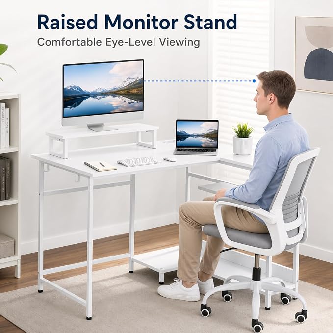 DEVAISE 47" L Shaped Gaming Desk with LED Lights and Power Outlets - Spacious Corner Computer Table with Monitor Stand and Storage Shelves for Work and Gaming, White