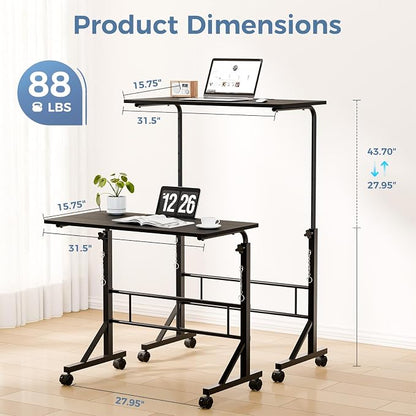DUMOS 31.5" Walking Pad Desk, Portable Adjustable Height Rolling Laptop Desk with Lockable Wheels, Mobile Stand Up Computer Workstation for Treadmill Home Office Black