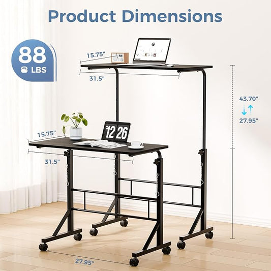 DUMOS 31.5" Walking Pad Desk, Portable Adjustable Height Rolling Laptop Desk with Lockable Wheels, Mobile Stand Up Computer Workstation for Treadmill Home Office Black