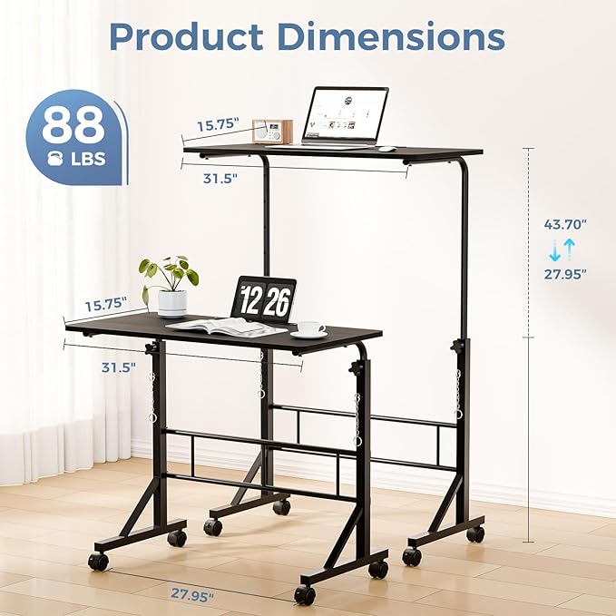 DUMOS 31.5" Walking Pad Desk, Portable Adjustable Height Rolling Laptop Desk with Lockable Wheels, Mobile Stand Up Computer Workstation for Treadmill Home Office Black