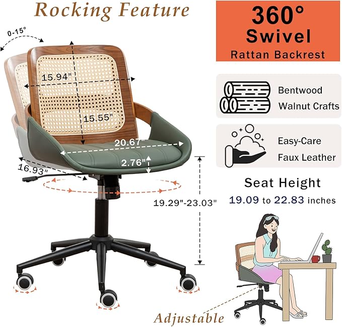 Home Office Desk Chair with Ergonomic Rattan Backrest, Walnut Crafts, Curved Arms, Faux Leather, Caster Wheels, Height Adjustable, Computer Chair for Desk Work, Executive Task, Conference Room - Green