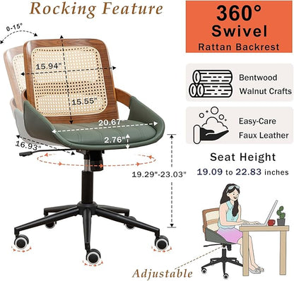 Home Office Desk Chair with Ergonomic Rattan Backrest, Walnut Crafts, Curved Arms, Faux Leather, Caster Wheels, Height Adjustable, Computer Chair for Desk Work, Executive Task, Conference Room - Green