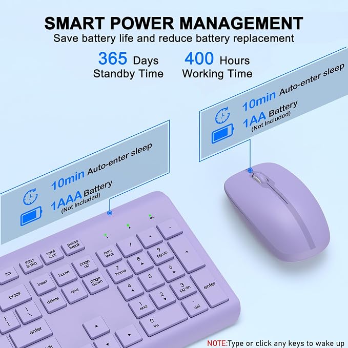 Wireless Keyboard and Mouse Combo, Full-Size Silent Ergonomic Keyboard and Optical Mouse, Long Battery Life, 2.4GHz Lag-Free Cordless Mice Keyboard for Computer, Mac, Laptop, PC, Windows(Purple)