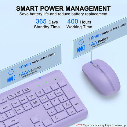 Wireless Keyboard and Mouse Combo, Full-Size Silent Ergonomic Keyboard and Optical Mouse, Long Battery Life, 2.4GHz Lag-Free Cordless Mice Keyboard for Computer, Mac, Laptop, PC, Windows(Purple)