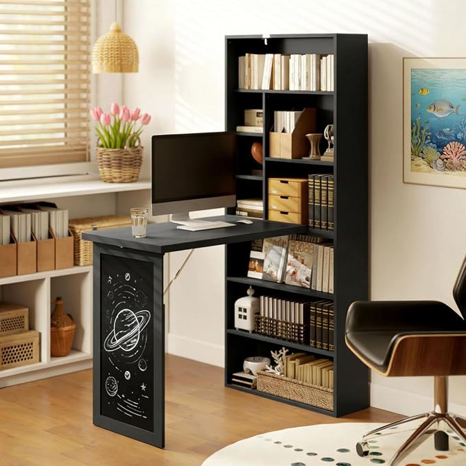 Foldable Wall Mounted Desk with Storage Shelves & Blackboard, Fold-Out Convertible Writing Table for Small Spaces | Space-Saving Floating Computer Desk for Home Office (Black)