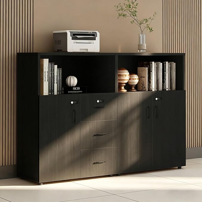 File Cabinet with Password Lock, Wood Lateral Filing Cabinet for Letter/A4 Files, 3 Drawer with Door, Printer Stand with Open Shelves for Home Office