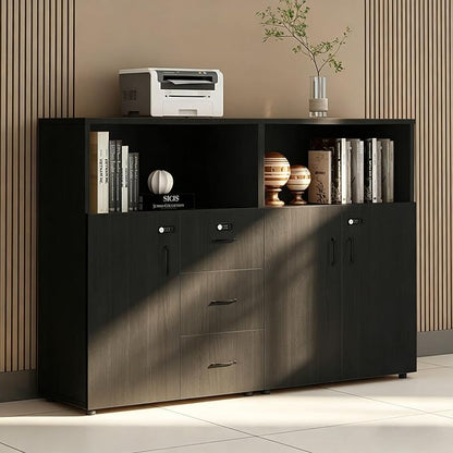File Cabinet with Password Lock, Wood Lateral Filing Cabinet for Letter/A4 Files, 3 Drawer with Door, Printer Stand with Open Shelves for Home Office