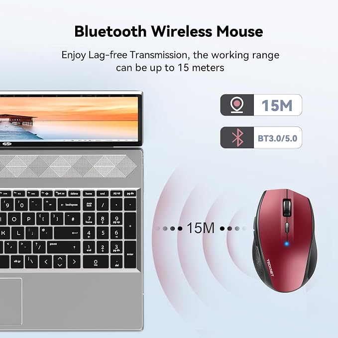 TECKNET Bluetooth Mouse, 4800 DPI Computer Mouse, 2-Year Battery Wireless Mouse 6 Adjustable DPI, 6 Buttons Compatible with Laptop/Windows/Computer(Red)