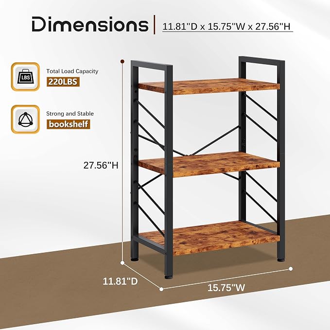 DurayLoly 2 Pieces Book Shelf, 3 Tier Industrial Bookcase with Metal Frame and Sidebars, Small Bookshelf for Living Room, Bedroom, Home Office, Rustic Brown