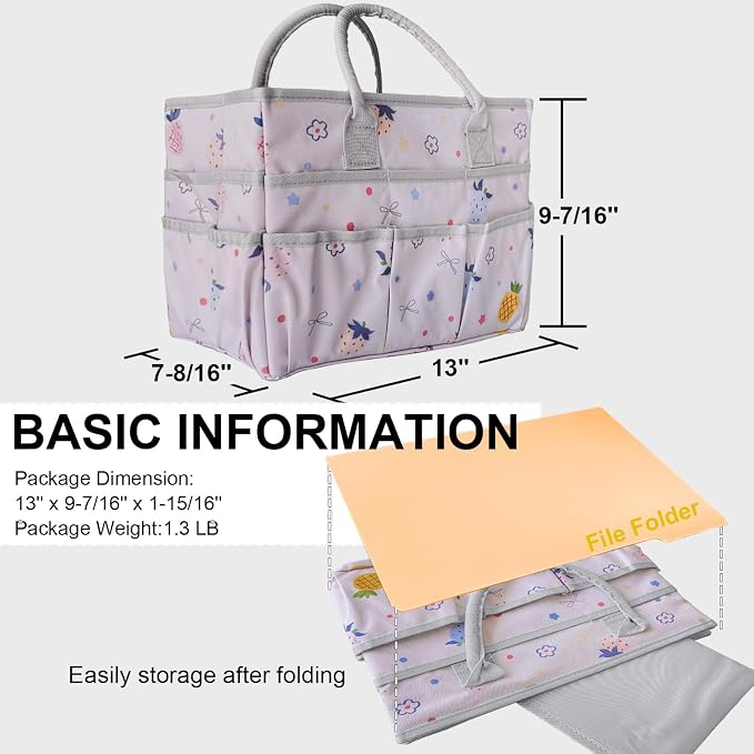 Cupohus Art Organizer Craft Storage Tote Bag with Pockets and Handles, Oxford Fabric Carrying Caddy for Teacher, Officer, Artist, Traveler, and More-Pink Fruit