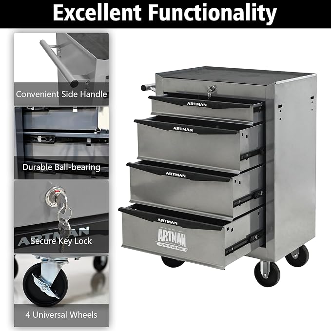 RYH 4-7 Drawers Rolling Tool Chest & Tool Box on Wheels | Heavy Duty Metal Cart with Ball Bearing Drawers | Fits US General Tool Box for Garage Storage (Silver, 4 Drawers（30.5" H × 20.9" W × 13" D)