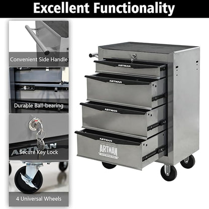 RYH 4-7 Drawers Rolling Tool Chest & Tool Box on Wheels | Heavy Duty Metal Cart with Ball Bearing Drawers | Fits US General Tool Box for Garage Storage (Silver, 4 Drawers（30.5" H × 20.9" W × 13" D)