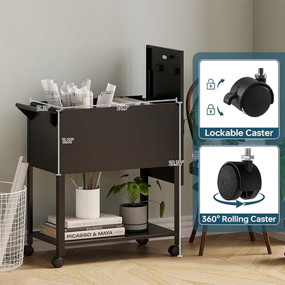 MIIIKO Mobile File Cart with Lock, Rolling File Cabinet Hanging Letter/Legal Size with Lockable Sliding Cover, Office File Organizer on Wheels