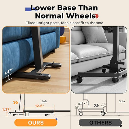 JOY worker Low Height Small Mobile Standing Desk for Couch, Height Adjustable TV Tray Table with 90° Foldable MDF Desktop, Portable Laptop Desk with Low Base & Lockable Hidden Casters, Black
