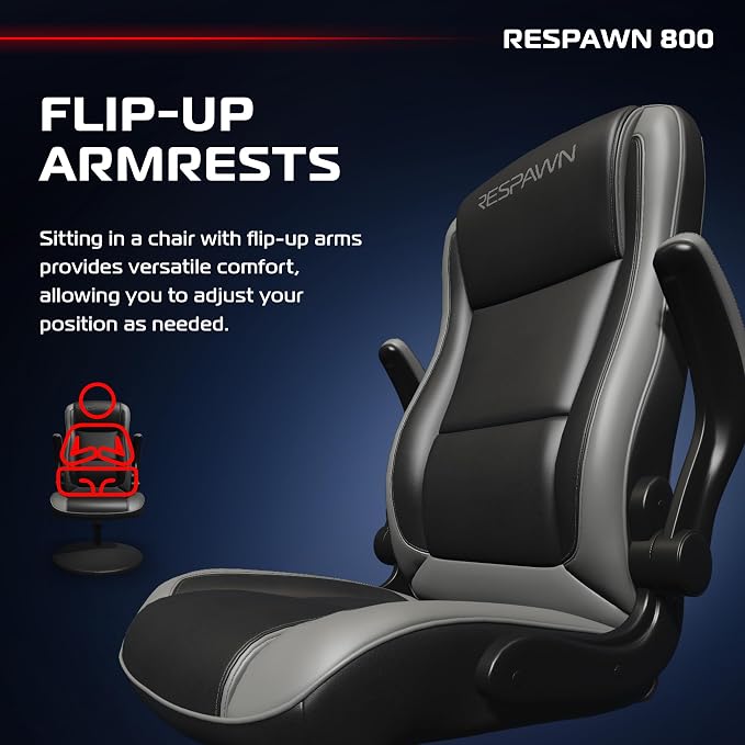 RESPAWN 800 Swivel Rocker Gaming Chair - Ergonomic Floor Gaming Seat with Lumbar Support, Flip Up Armrest, High Back, Pedestal Base, Comfortable No Wheels Console Video Game Rocker Chair - Gray