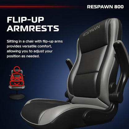 RESPAWN 800 Swivel Rocker Gaming Chair - Ergonomic Floor Gaming Seat with Lumbar Support, Flip Up Armrest, High Back, Pedestal Base, Comfortable No Wheels Console Video Game Rocker Chair - Gray