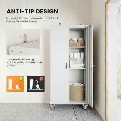 DUMOS Tall Metal Garage Storage Cabinet with Wheels and Adjustable Shelves, 72" Rolling Steel Tool Cabinet with 2 Lockable Doors for Garage, Home, Office, Gym, White