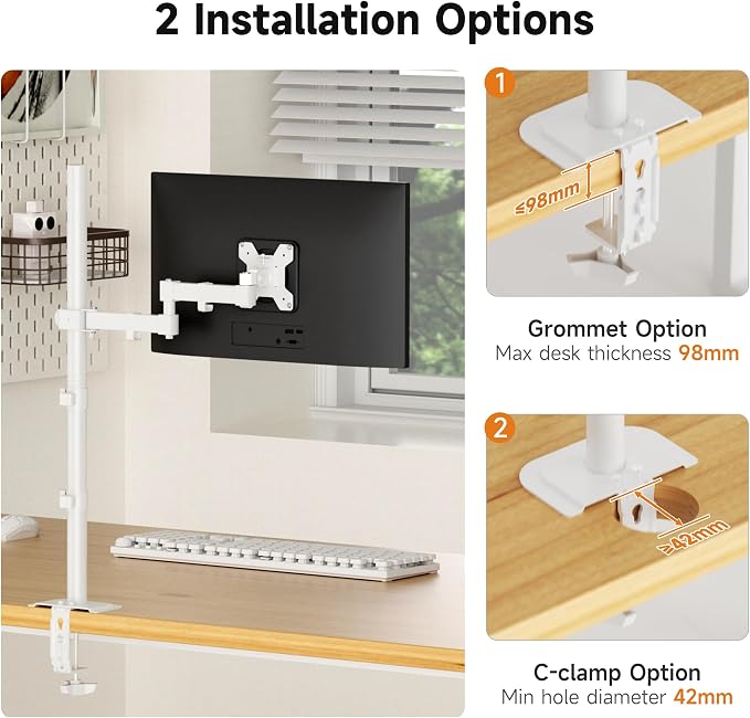 Bracwiser Single Fully Adjustable Standing Height Monitor Arm Stand Mount 800mm Tall for Monitor Computer Screen 13 15 17 19 20 22 23 24 26 27 30 32 inch VESA 75 100 (MD7821W)
