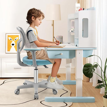 Giantex Kids Desk Chair, Ergonomic Adjustable Teen Task Chair w/Y-Shaped Lumbar Support, Armrest & Universal Wheels, Mesh Kid Office Chair for Sturdy, Kids Computer Chair for Boys & Girls 4-12, Blue