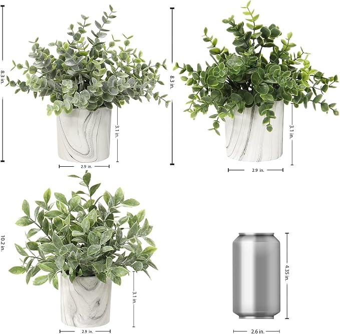Hollyone Mini Artificial Potted Plants Fake Plants in Marble Pots, 3Pcs Plastic Eucalyptus Greenery Faux Plants for Home Office Desk Room Centerpiece Shelf Décor