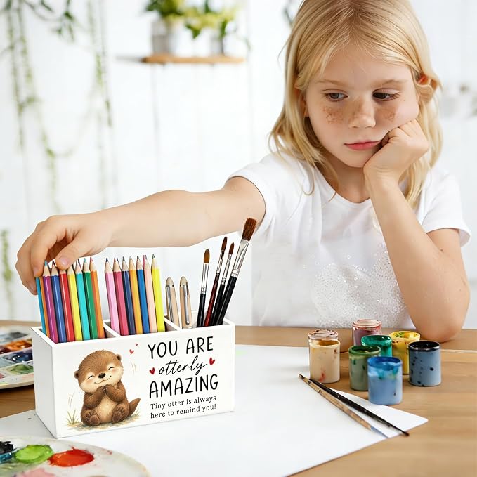 Positive Otter Pen Pencil Holder Desk Accessories Gifts for Women | Cute Otter Inspirational Pen Pencil Wooden Organizer Office Accessories Decorations for Dorm Room Bedroom Tabletop Desk Decor