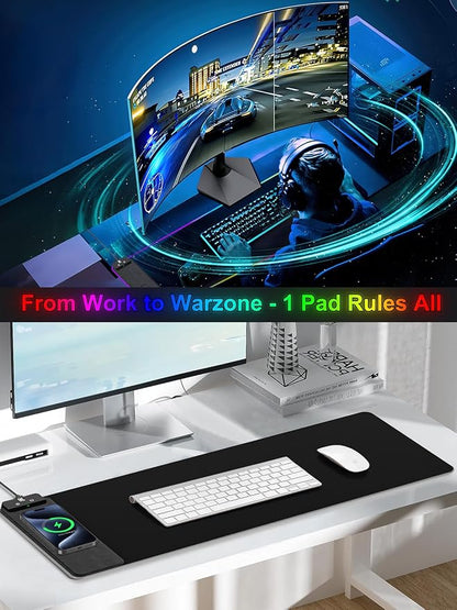 RGB Gaming Mouse Pad with Fast Wireless Charger, LED Extended Desk Mat, Home Office Large Desk Pad with Ultra-Smooth Surface, Non-Slip Base, Waterproof Keyboard Pad (Black)