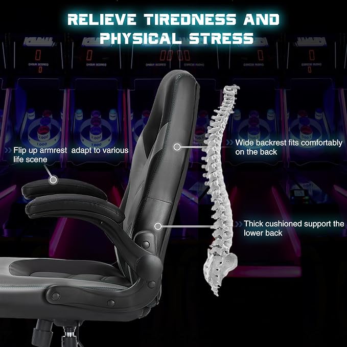 DUMOS Computer Game Desk Chair - Ergonomic PU Leather Lumbar Support, Height Adjustable High Back Video Game with Flip-up Armrest, Rolling Swivel for Adults, Deep Grey