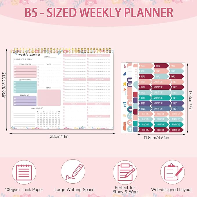 Weekly To Do List Notepad, 8.5''x11'' Weekly Desk Planners with 52 Tear Off Sheets Undated Planner Habit Tracker & Productivity Organizer for Home and Work, Floral