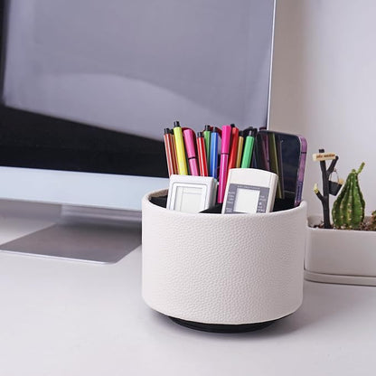 Round Leather Art Supply Organizer,Remote Control Holder,360 Degree Spinning,Multi-Functional Pencil Holder,4 Compartments Desktop Stationary Organizer(1-Lichee White)