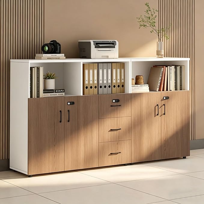 File Cabinet with Password Lock, Wood Lateral Filing Cabinet for Letter/A4 Files, 3 Drawer with Door, Printer Stand with Open Shelves for Home Office