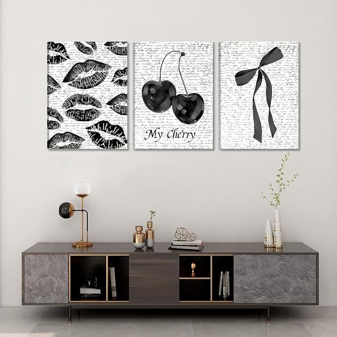 Black And White Canvas Wall Art Set of 3, Fashion Black White Lips And Cherry Posters Wall Decor, Trendy Aesthetic Bow Pictures Prints Paintings for Girls Bedroom Dorm Bathroom12x16in Framed