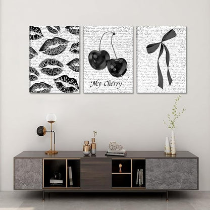 Black And White Canvas Wall Art Set of 3, Fashion Black White Lips And Cherry Posters Wall Decor, Trendy Aesthetic Bow Pictures Prints Paintings for Girls Bedroom Dorm Bathroom16x24in Framed