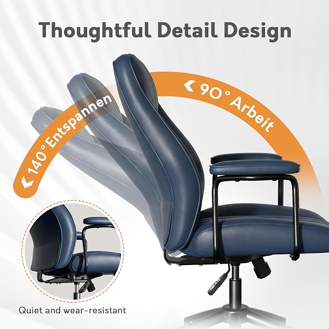 Blue Leather Office Chair, Mid Century Home Office Desk Chair | Ergonomic Curve Design, Removable Padded Arms, Height Adjustable Swivel Seat & Smooth Wheels, Vintage Mid-Back Computer Chair