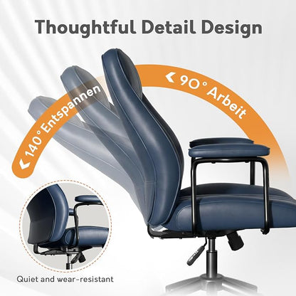 Blue Leather Office Chair, Mid Century Home Office Desk Chair | Ergonomic Curve Design, Removable Padded Arms, Height Adjustable Swivel Seat & Smooth Wheels, Vintage Mid-Back Computer Chair
