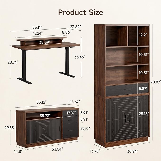 ONBRILL Home Office Furniture Sets, 55'' Standing Desk with 55'' File Cabinet, Electric Height Adjustable Standing Desk with 71'' Tall Modern Bookshelf, Home Office Furniture Set, Walnut