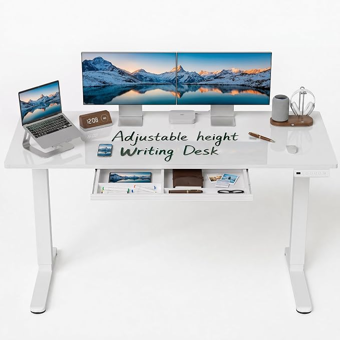 CubiCubi 55x24 Standing Desk with Glass Top, Height Adjustable Computer Desk with Drawer, One-piece Rising Home Office Desks with Positon Memory, Sit Stand Up Electric Workstation Table, White