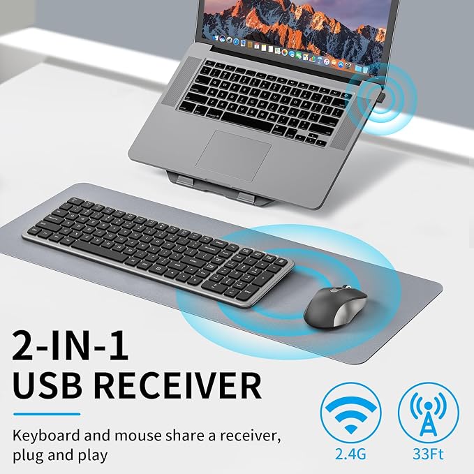 Silent Keyboard and Mouse, Wireless Compact Full-Size Computer Keyboard with Calculator Button, 2400 DPI Mouse, Quiet Clicking, Ultra-Thin Cordless USB Kit for Windows Mac Laptops - Iron Grey