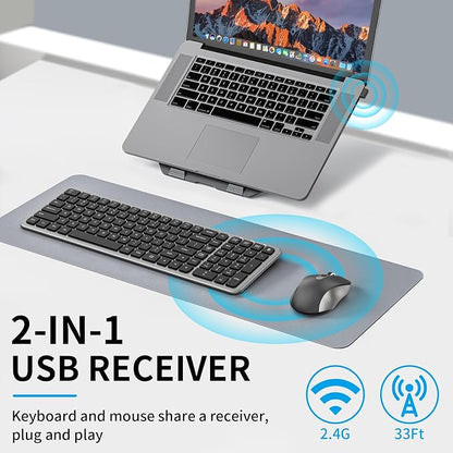 Silent Keyboard and Mouse, Wireless Compact Full-Size Computer Keyboard with Calculator Button, 2400 DPI Mouse, Quiet Clicking, Ultra-Thin Cordless USB Kit for Windows Mac Laptops - Iron Grey