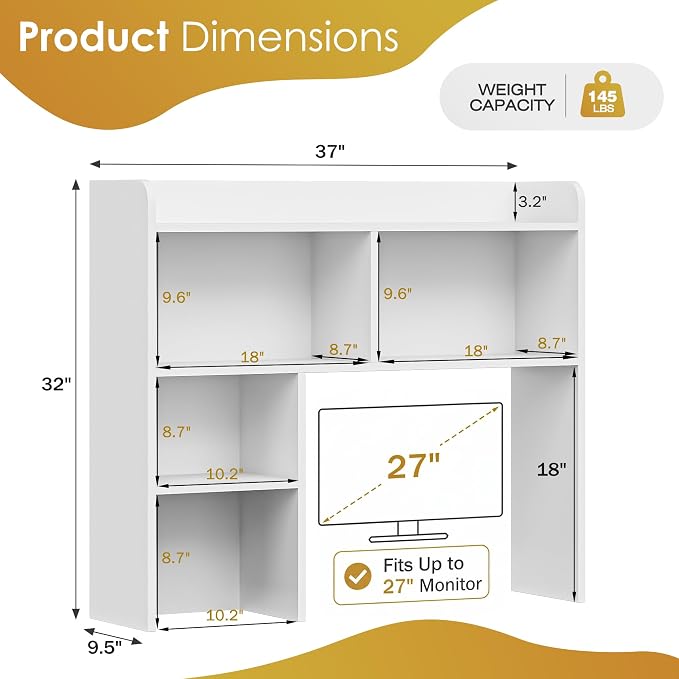 SUPER DEAL Desktop Bookshelf, Countertop Storage Hutch with 3 Shelves for Computer Desk, 2-Tier Display Rack, Multipurpose Wood Desk Hutch Storage Organizer for Home Office Dorm, White