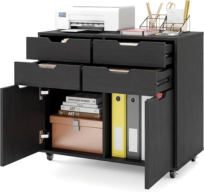 Giantex 4-Drawer File Cabinet, Rolling Printer Stand with 2 Lockable Wheels, Wooden Lateral Filing Cabinet, Load 298 Lbs, Under Desk Craft Storage Organizer for Home Office Organization (Black)