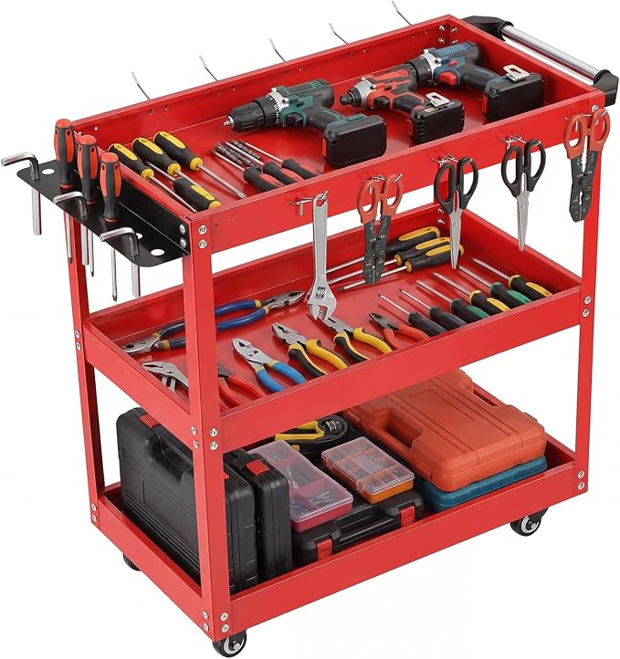 3-Tier Rolling Tool Cart, Heavy Duty Metal Utility Cart with Side Hooks and Handle, 330lbs Capacity Service Organizer for Garage Warehouse Workshop, 28x14x28 Inches, Red