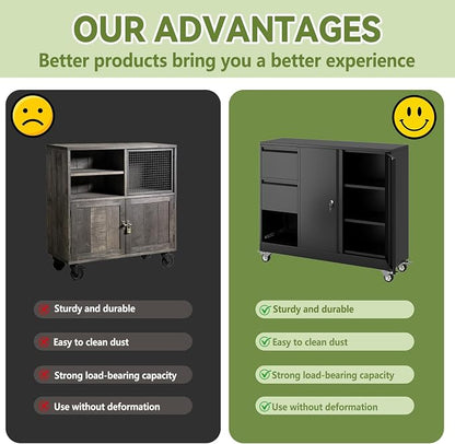 Mobile Large Lateral File Cabinet 3-Drawer,Home Office Rolling Filing Storage Cabinets with Lock & Wheels,Metal Printer Stand Office Storage A4,Letter Legal File Folders,Black