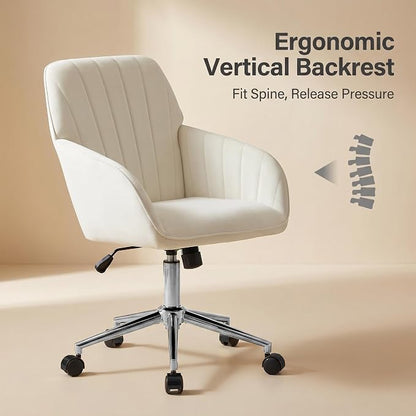 Velvet Home Office Desk Chair, Modern Cute Computer Task Chair with Back, Height Adjustable Upholstered Vanity Chair with Swivel Wheels for Women, Girls (Silver Base, Cream