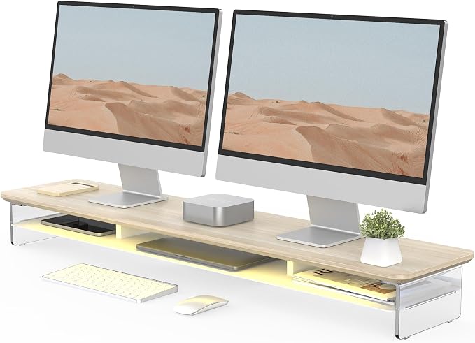 Fenge Acrylic Monitor Stand, 42.5 Inch Clear Dual Monitor Riser with Metal Storage, 2 Tier Computer Riser with LED Lights for Desk, Laptop, Printer, TV