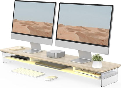 Fenge Acrylic Monitor Stand, 42.5 Inch Clear Dual Monitor Riser with Metal Storage, 2 Tier Computer Riser with LED Lights for Desk, Laptop, Printer, TV