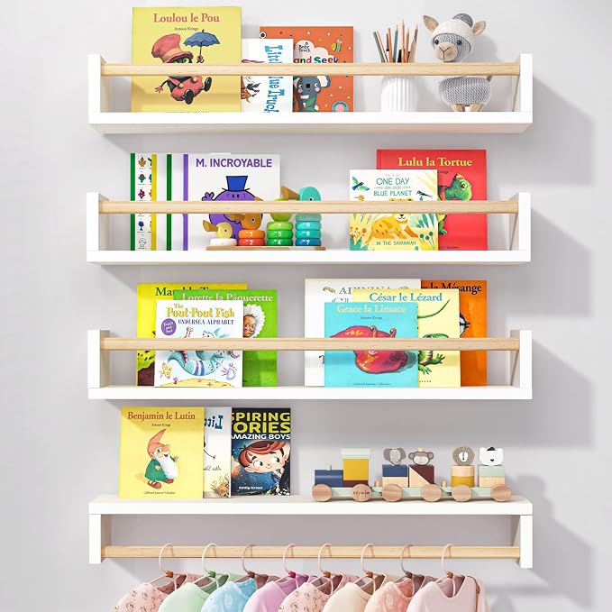 Fixwal Nursery Book Shelves, 23.6 Inch Floating Bookshelves for Wall Set of 4, Baby Nursery & Playroom Decor, Solid Wood Wall Mounted Shelves for Books and Toys Storage (White and Natural Wood)