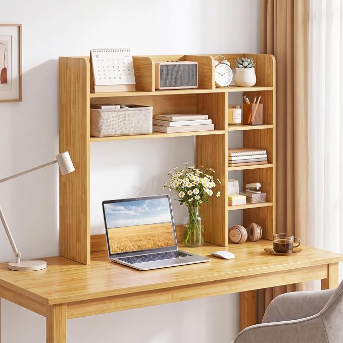 LDAILY Desktop Bookshelf with LED Lights, 35.5’’ Wooden Desk Shelf with 8 Cubes & 3 Adjustable Storage Shelves, 5-Tier Desk Hutch for Dorm College Office Computer Monitor Up to 25’’(Burlywood)
