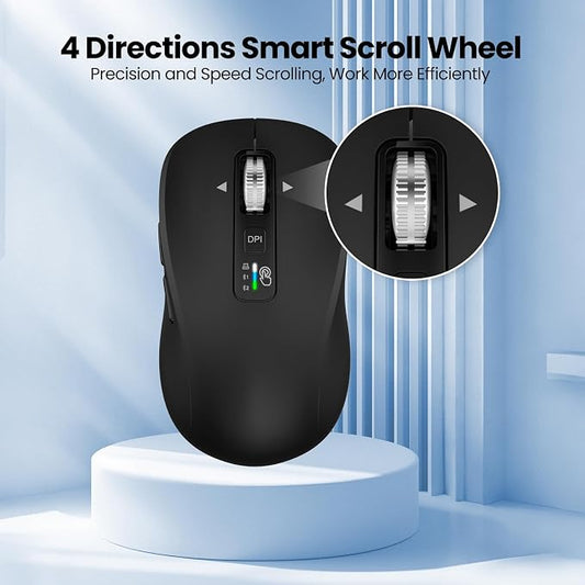Wireless Bluetooth Mouse, 3-Device Multi-Mode (USB + 2 Bluetooth), 4-Way Metal Scroll Wheel, Adjustable DPI, Silent Click, Long Battery Life, Ergonomic Mouse for Laptop, PC, Mac, iPad (Black, 9)