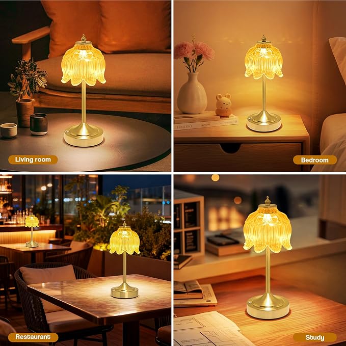 Cordless Lotus Flower Table Lamp, 5200mAh Rechargeable Battery Operated Portable Lamp, 3-Color Dimmable Touch Control Small Desk Lamp for Bedroom, Office, Kitchen, Nightstand,Room Decor (Yellow)